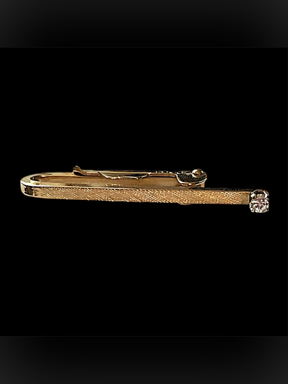 Vintage 14k Yellow Gold Tie Bar Clip with White Gemstone
